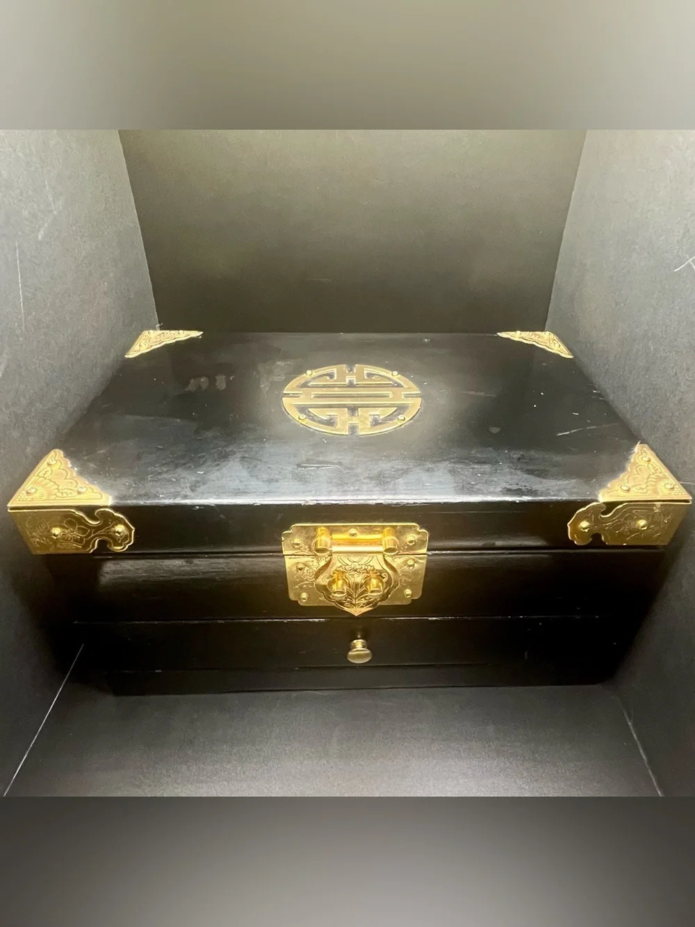 Vintage Asian Black Lacquer Jewelry Box Drawer Brass Hardware Chinese Longevity